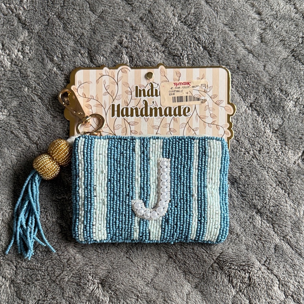 Handmade Blue and Gold Beaded Keychain Pouch 5”x3.5”